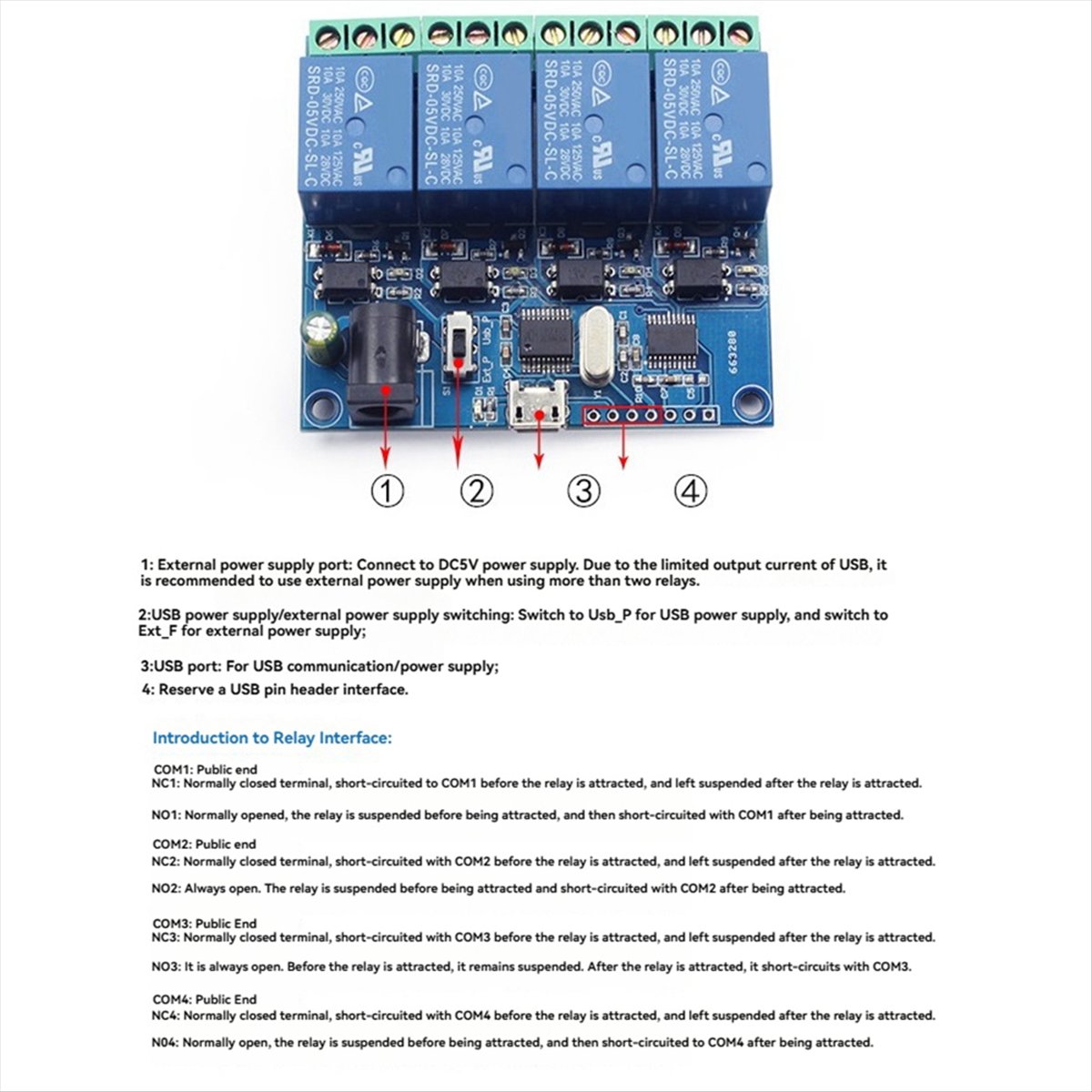 Relay Module 5V - Modulo Relè USB a 4 Canali